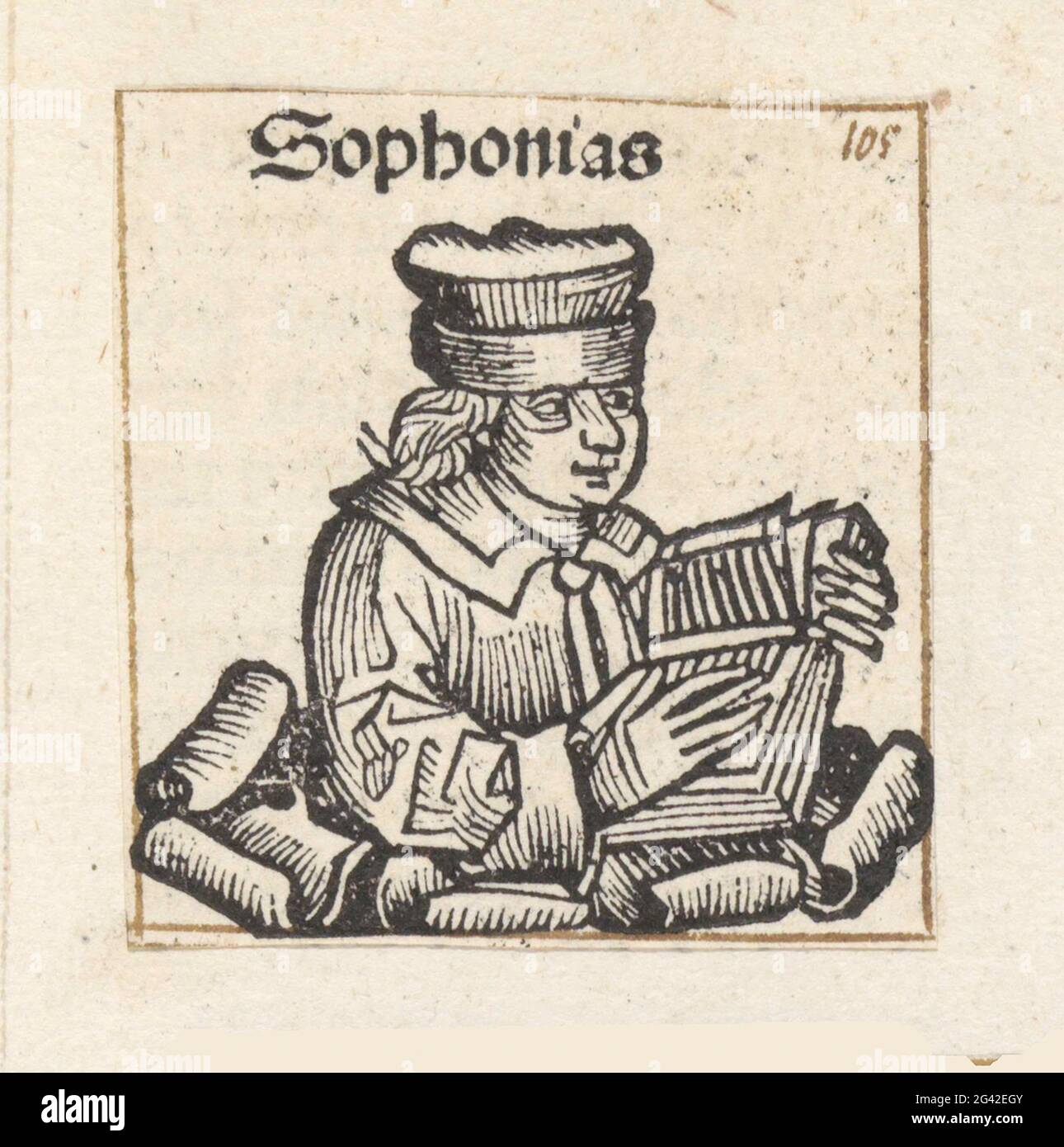 Sefanja; Sophonias; Liber chronicarum. A flower celk with a reading man with hat, turned to the right. The text identifies him as the prophet Sefanja. The print is part of an album. Stock Photo