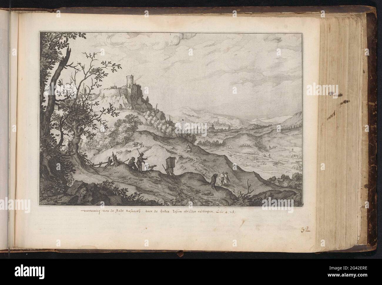 Mountain landscape with hikers and shepherds; Landscape with the fall of Icarus; Exhibition of the city of Nasareth, where the Jews wanted to shed Iesum; Of the principles of the Christi Predication; Den Grooten Figuer Bibel (...). Mountain landscape with hikers and shepherds. On the left on a hill a walled city with a castle. Due to the valley, a river flows where two fishermen have thrown their rod. According to the handwritten caption, it is a face of Nazaret where the Jews wanted to push Christ in the abyss. This print is part of an album. Stock Photo
