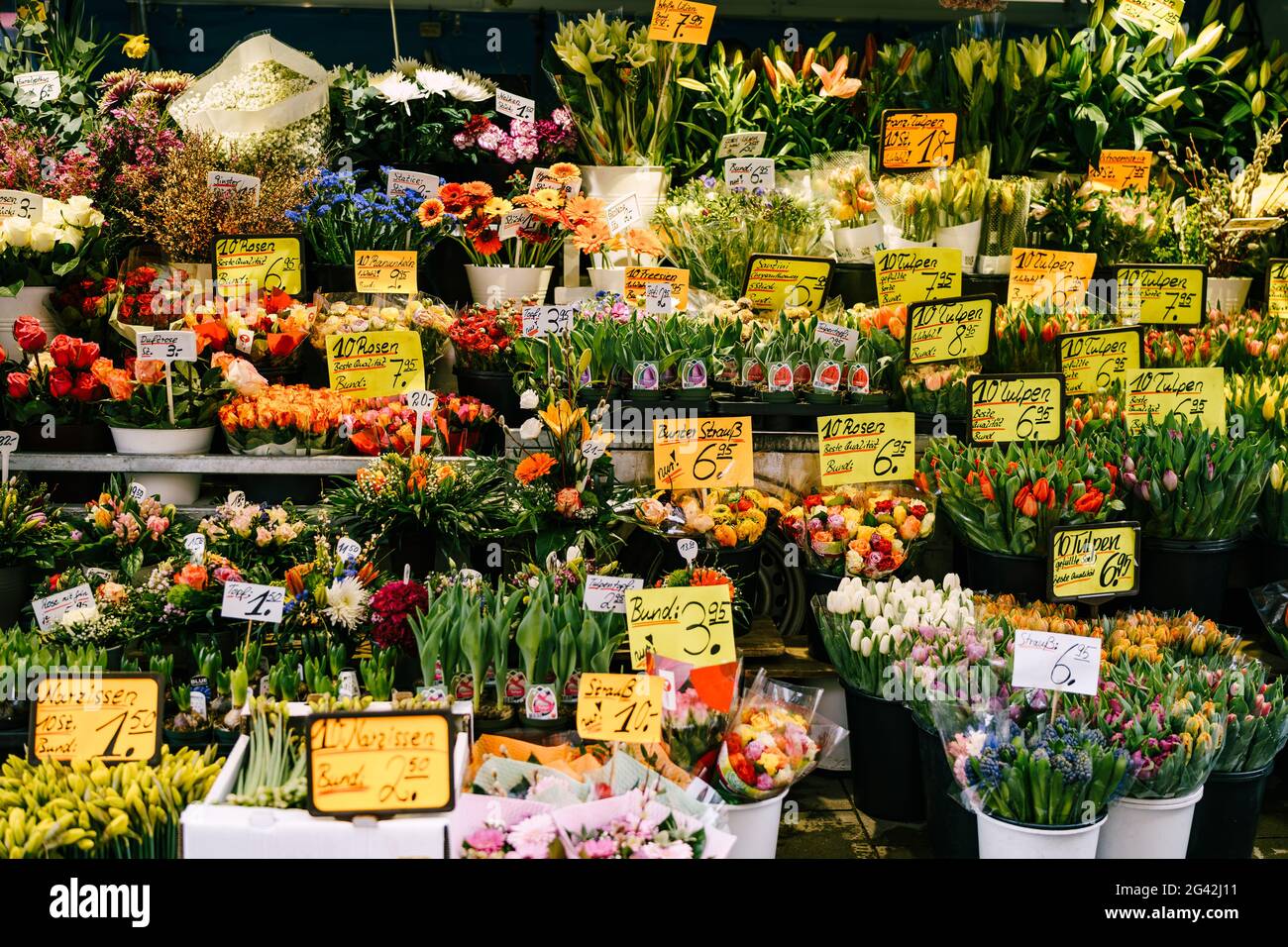 Munich, GERMANY - 9 MARCH 2018: A flower shop. A flower stall in Germany. Shop counter with flowers Stock Photo