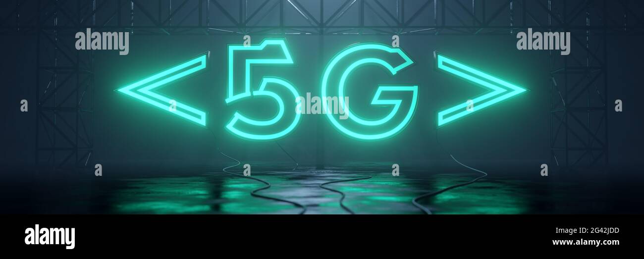 Glowing neon tube sign 5G Stock Photo
