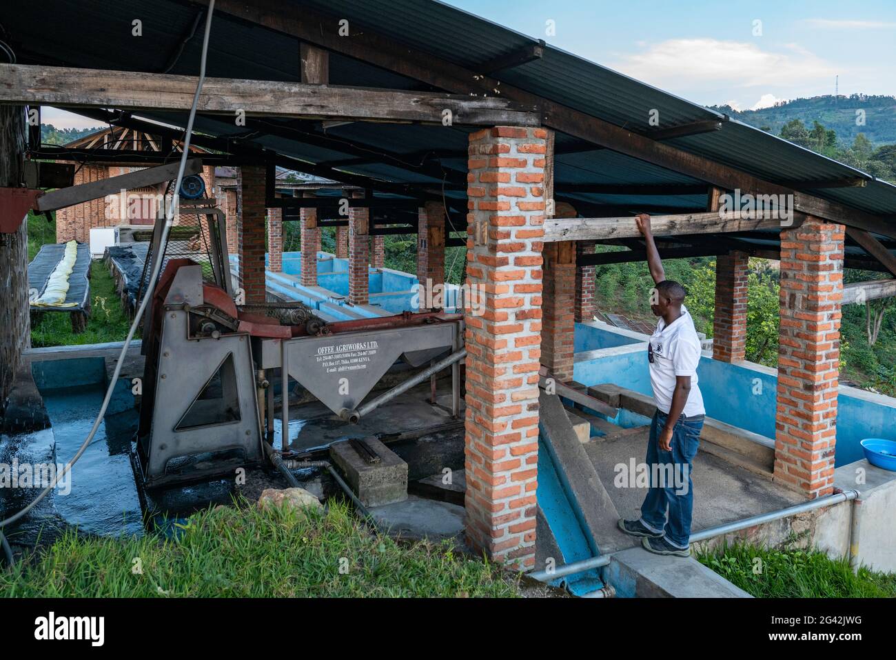 Man explains the function of machines on a coffee plantation, Kinunu, Western Province, Rwanda
