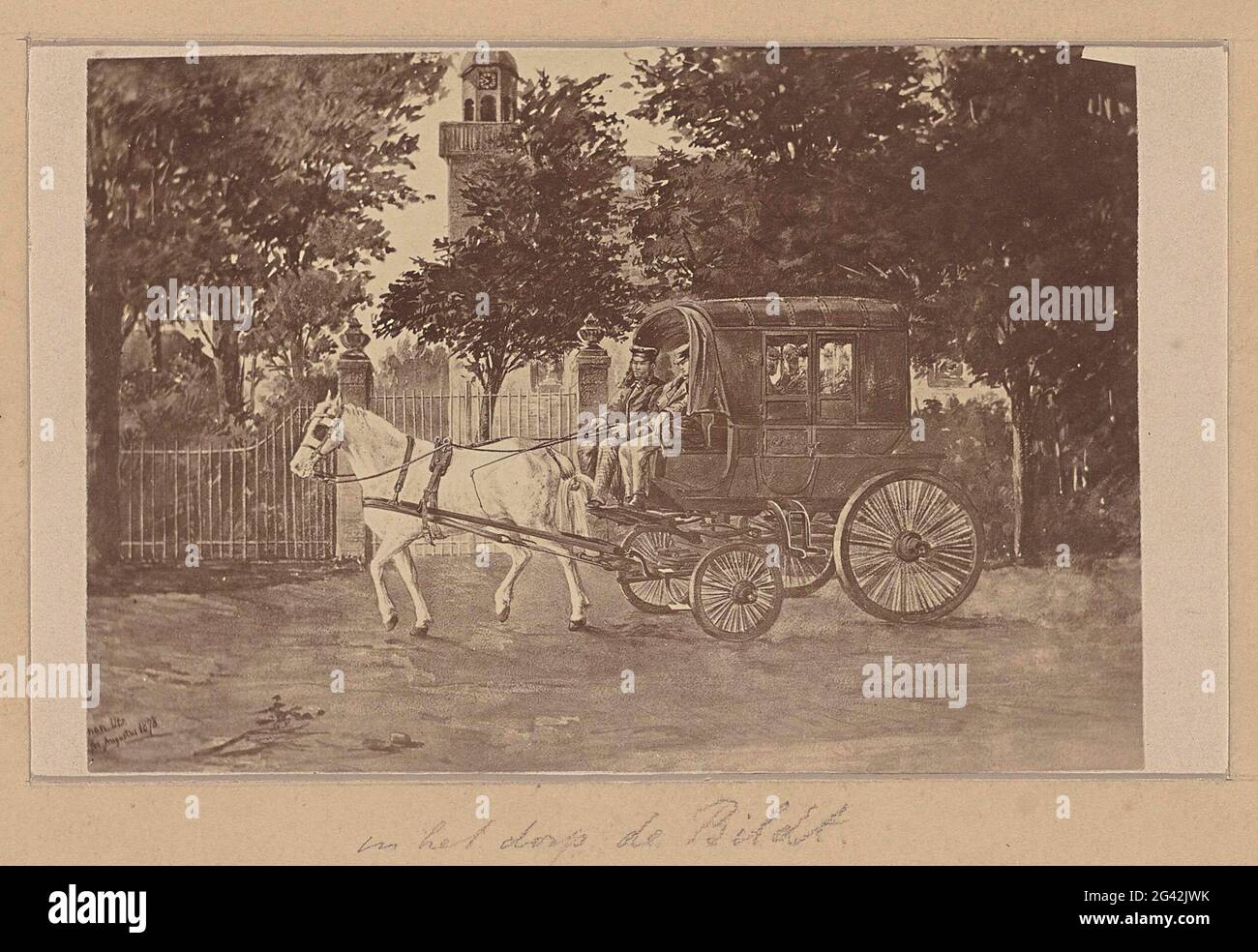 Photo reproduction of the car from Dieges, the carriage between Utrecht and Zeist, 1879. Photo production of a drawing of Grolman from September 1879 of the 'car from Dieges', the carriage that drove between Utrecht and Zeist until July 1879 when it was replaced by a tram. The carriage drawn by a white horse in the village of De Bilt. T-turn together with the pendant on one leaf. Stock Photo