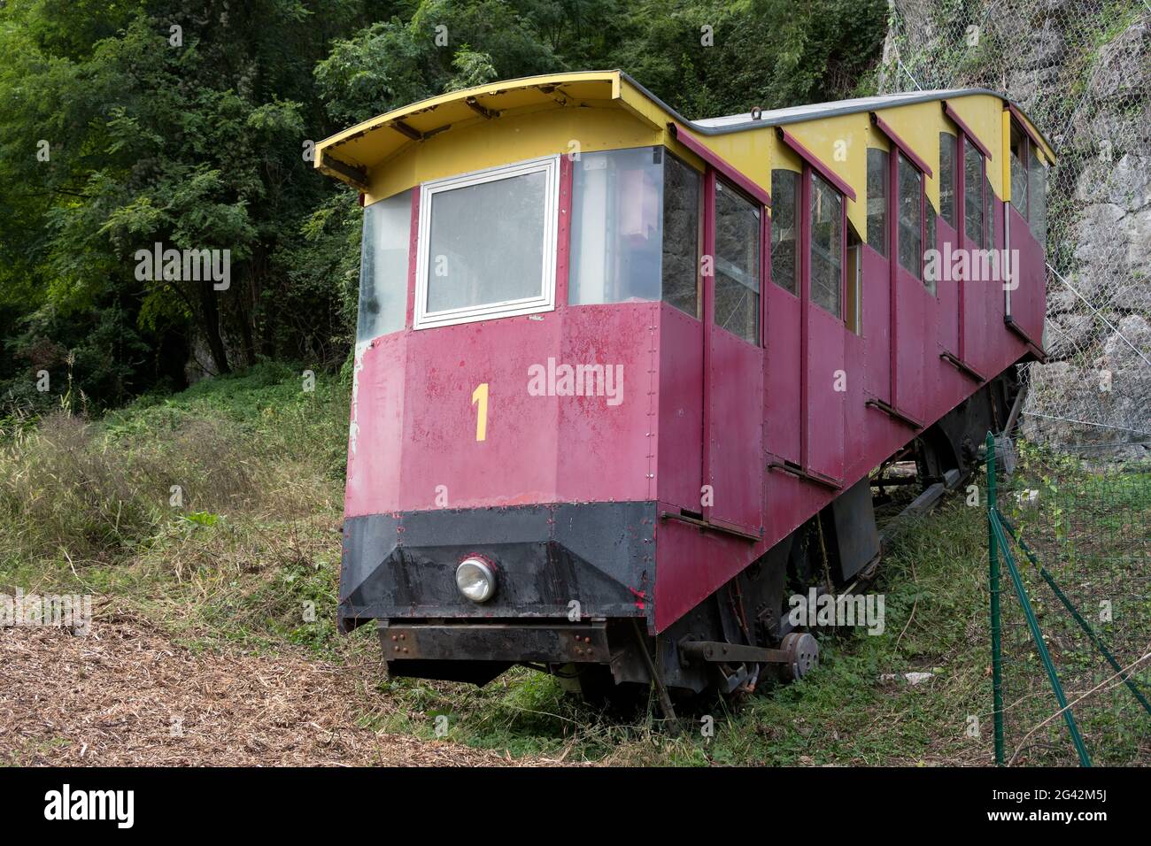 SAN PELLEGRINO, LOMBARDY/ITALY - OCTOBER 5 : View of an old Funicular car in San Pellegrino Lombardy Italy on October 5, 2019 Stock Photo