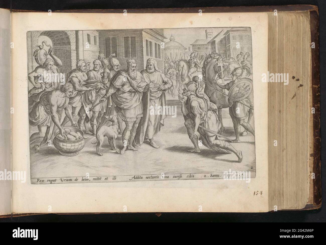 Urialy required by David from the war; From David and Bathseba; History of David and Batseba; Den Grooten Figuer Bibel (...). King David has recalled Uria, the man of Batseba, from the war. Uria kneels, dressed in his armor, before him. David urges Uria to relax and to adopt the wine brought by servants. Urialy, however, does not go home to sleep Batseba with his wife. Under the show a reference in Latin to the Bible text in 2 SAM. 11: 7. This print is part of an album. Stock Photo