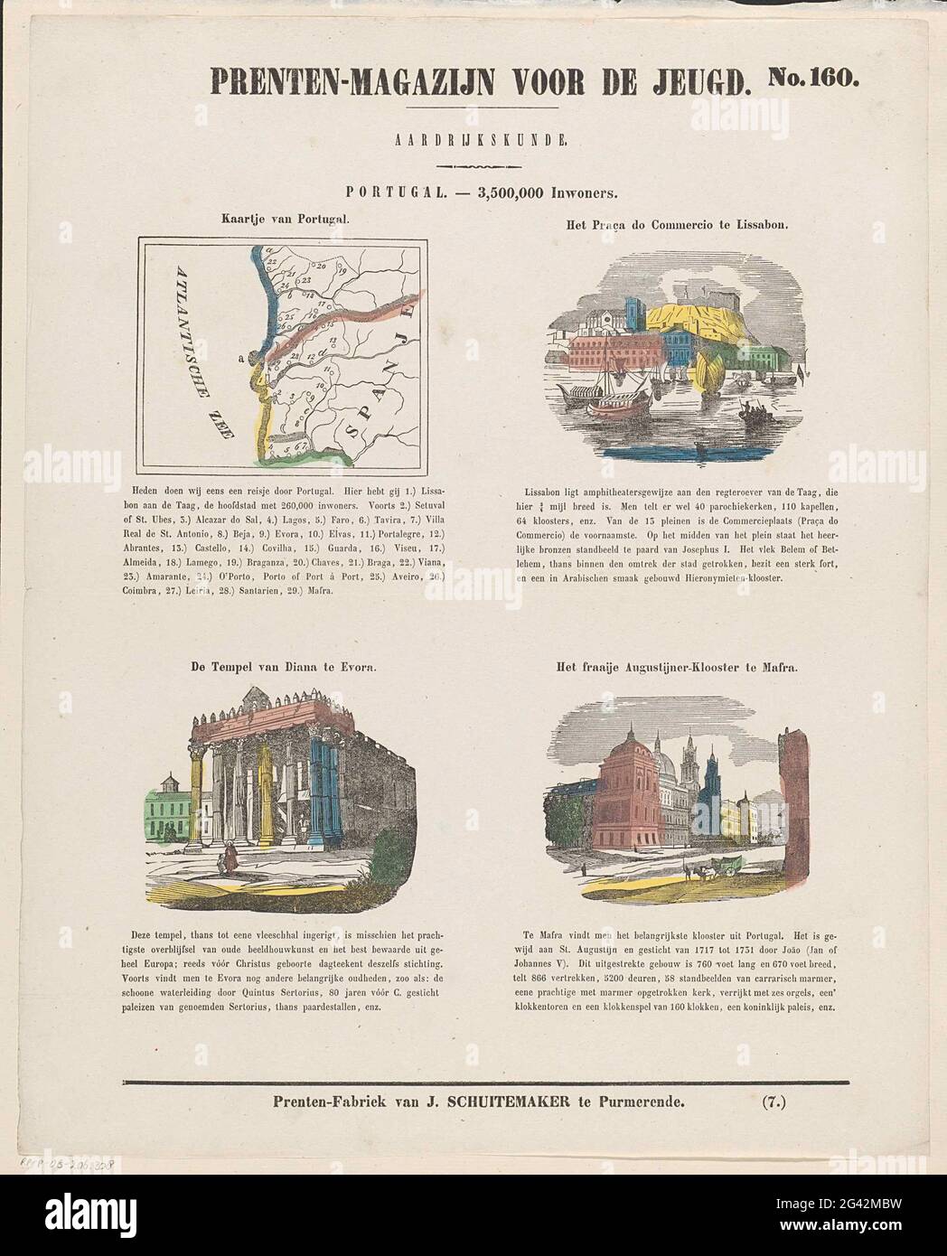 Portugal. - 3,500,000 inhabitants; Print warehouse for the youth; Geography. Sheet with 4 shows about Portugal with a map and important buildings: the Praça do Comércio in Lisbon, the Roman temple in Évora and the Palace of Mafra. Above every show a title and under every performance a caption. Numbered at the top right: No. 160, numbered at the bottom right: (7.). Stock Photo