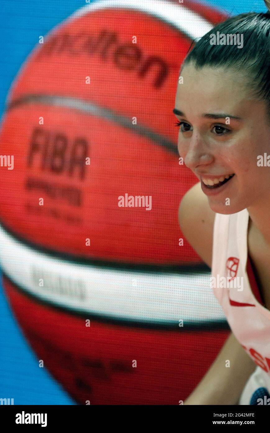 Valencia, Spain. 18th June, 2021. Spain's Raquel Carrera celebrates after  defeating Sweden's during the Women Eurobasket 2021 game between Spain and  Sweden held at San Luis arena in Valencia, eastern Spain, 18