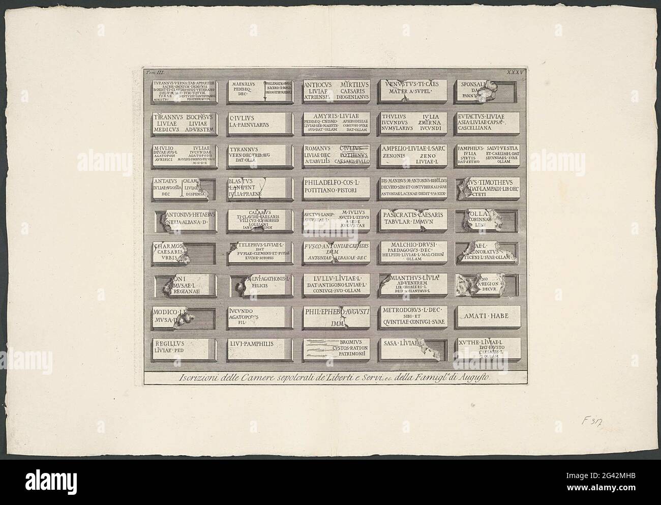 Inscriptions from the tomb of the released and slaves of the August family; Iscrizioni delle Camere Sepolcrali de 'Liberti E Servi, EC della Famiglia di Augusto; Archaeological finds in and around Rome; Le Antichità Romane. Different inscriptions from the tomb of the released and slaves of the Emperor family. Title in undermarge. Numbered above: Tom. III. / XXXV. Stock Photo