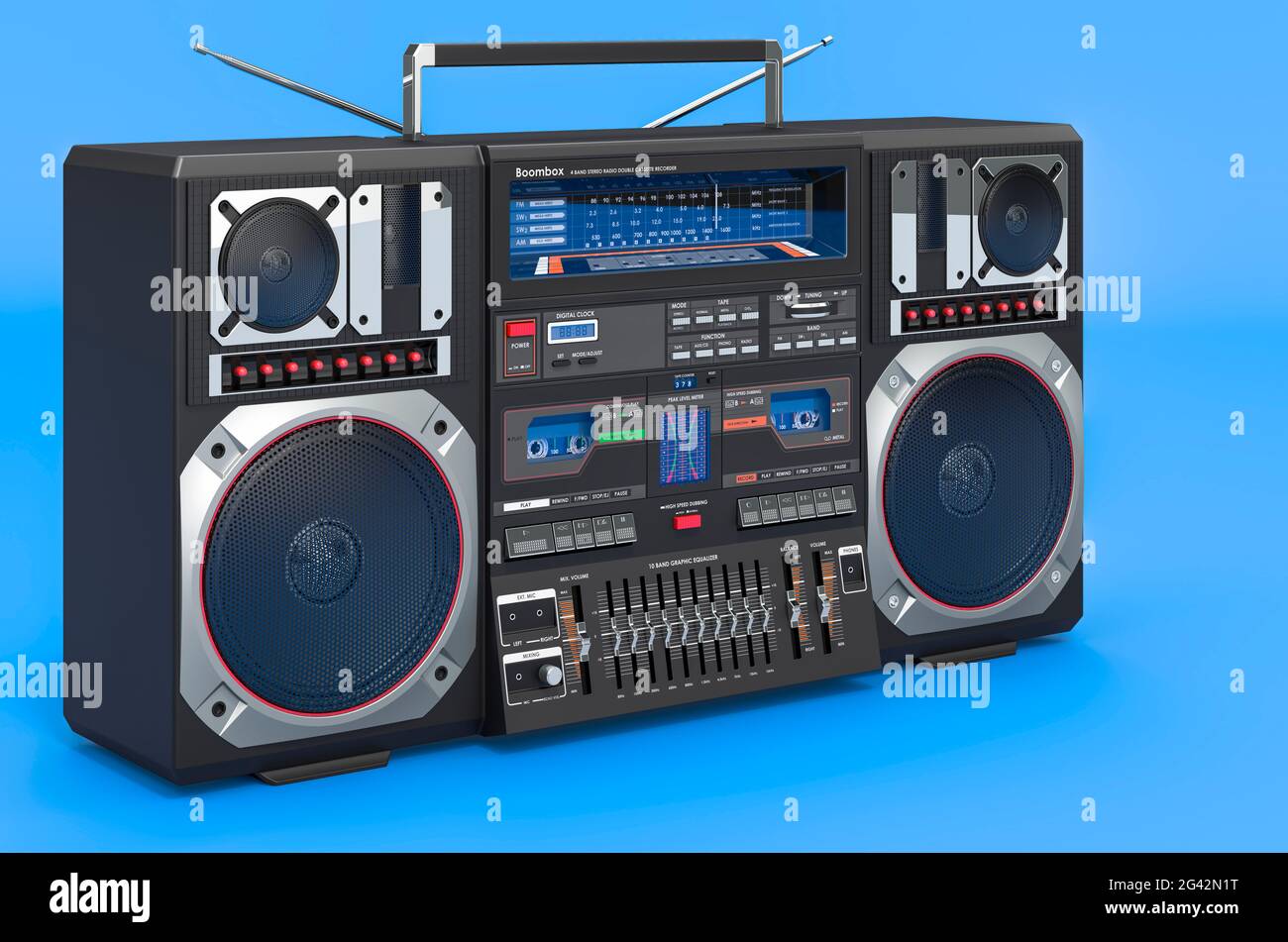Boombox on blue background, 3D rendering Stock Photo
