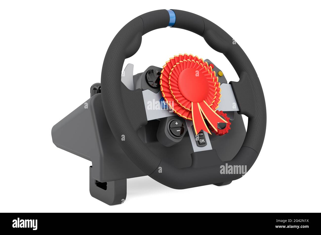 Gaming steering wheel with best choice badge, 3D rendering isolated on white background Stock Photo