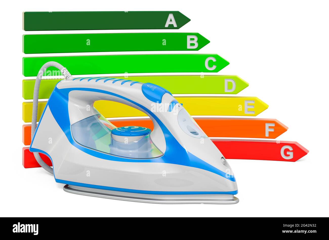 Electric steam iron with energy efficiency chart, 3D rendering isolated on  white background Stock Photo - Alamy