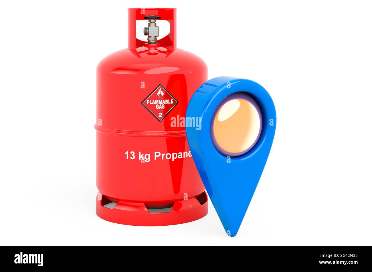 Service of filling gas cylinders. Map pointer with gas cylinder, 3D