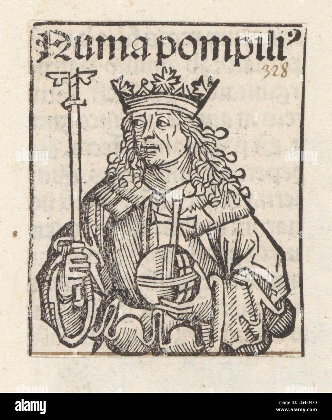 King Numa Pompilius; Numa Pompili [US]; Liber chronicarum. A flower celk with a king, turned his head to the left. He has a scepter and rich cone in his hands. The show is part of the sequence Roman kings in the Liber Chronicarum. The text identifies the man as Numa Pompilius. The print is part of an album. Stock Photo