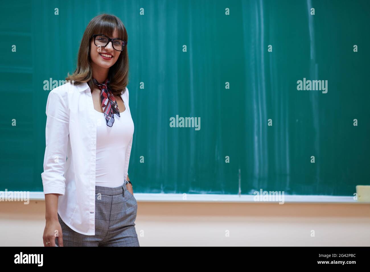 The professor explains the task on the board Stock Photo