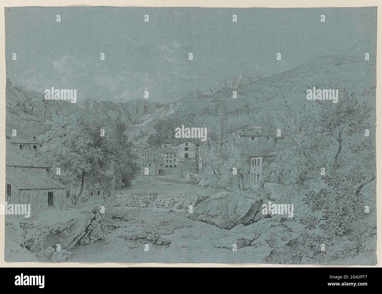 View of a riverbed (the Tiber?). Many artists scrupulously inscribed on their drawings where and when they made them. Abraham Teerlink sometimes forgot to do this, and so we are often left guessing as to the geographic location and date of origin of his drawings. We still do not know where he drew this sweeping view of a town along a river nestled among hills. Stock Photo