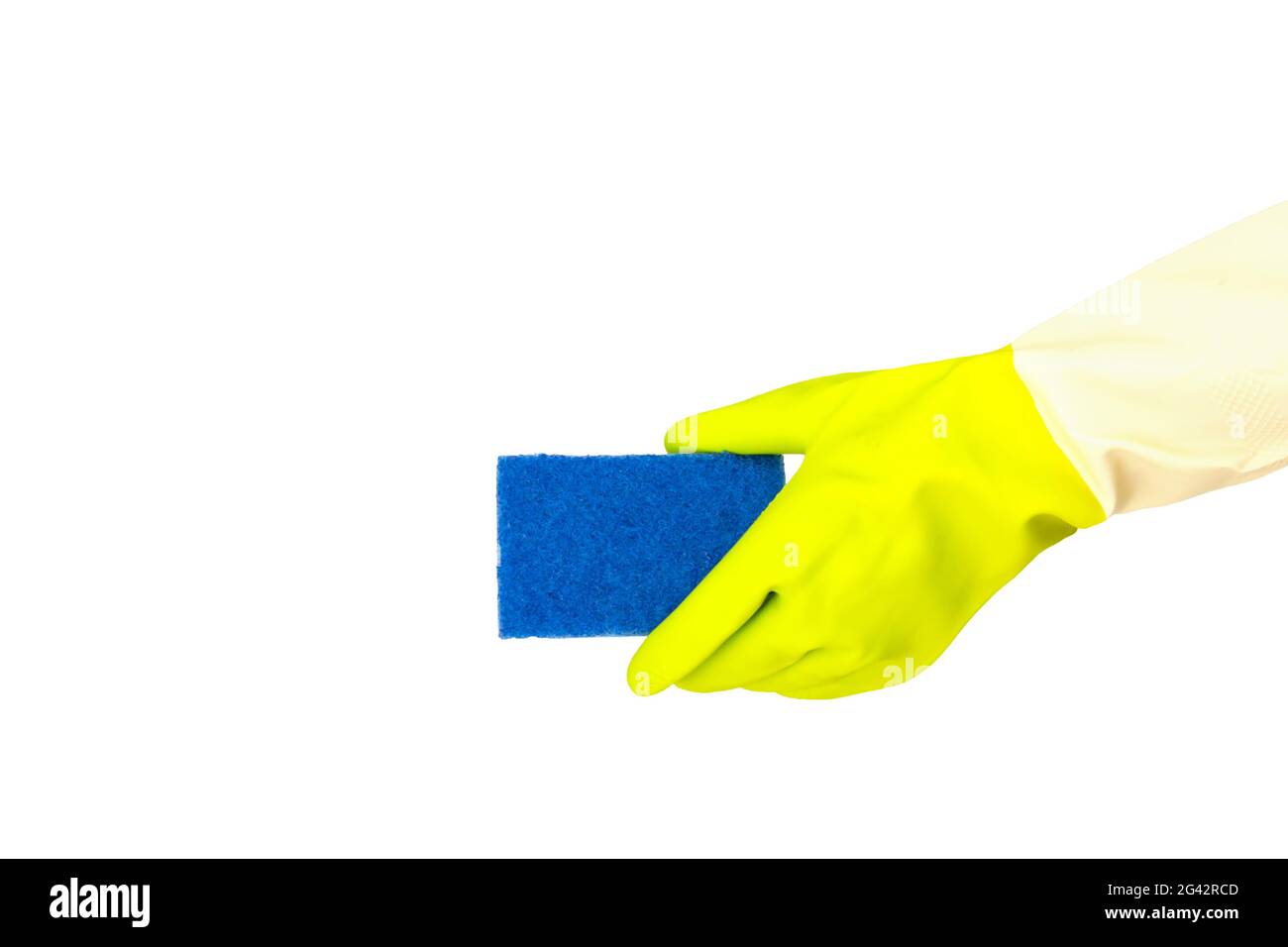 Spring cleaning concept. Top view of hand in yellow rubber gloves