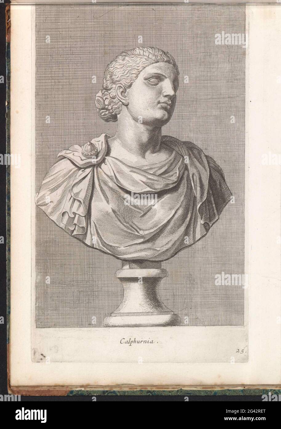 Bust of Calpurnia Pisonis; Calphurnia. Classic bust of a woman. The print is part of an album with a series of prints to the sculptures in the collection of Gerard Reynst. Stock Photo