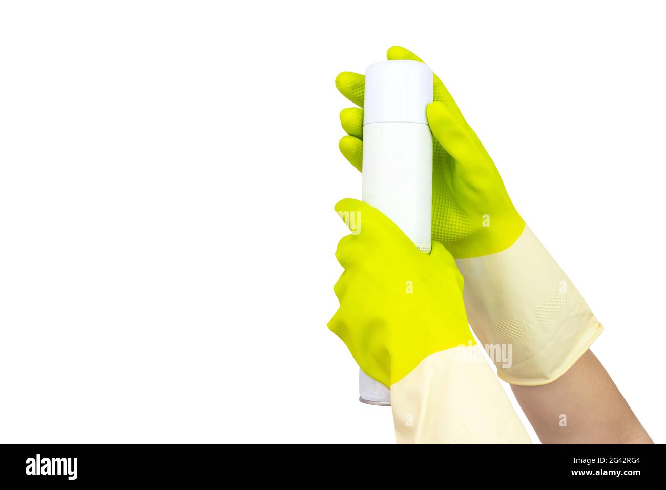 Spring cleaning concept. Top view of hand in yellow rubber gloves holding Sprayed air freshener. The concept of cleaning service. General or regular c Stock Photo