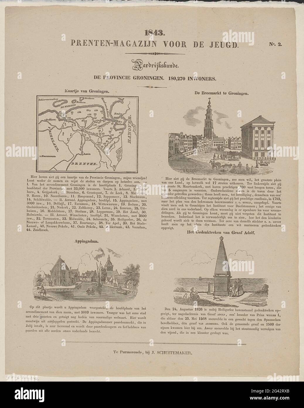 The province of Groningen. 180,270 inhabitants; Print warehouse for the youth; Geography. Leaf with 4 about the province of with a map and important buildings and monuments: the Grote Markt