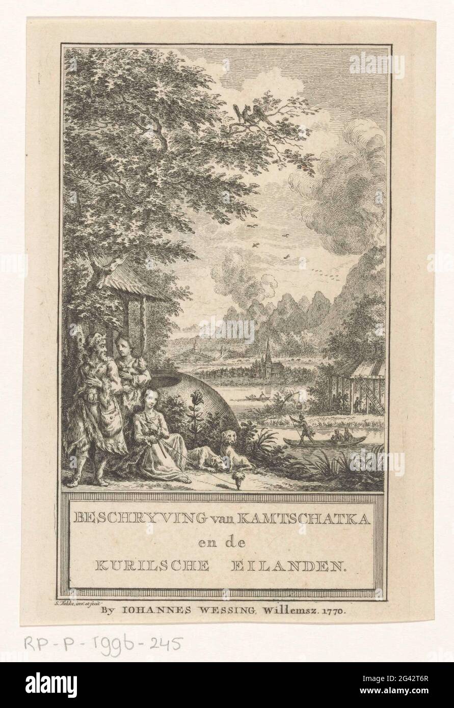 Allegory on Kamtsjatka and the Kurilen; DAMYING OF KAMSSCHATKA and the Kurilsche Islands; Title page for: Stepan Krasheninnikov, Nature expert and NatuurDelly Differve from Kamtschatka and the Kurilsche Islands, 1770. A man, a woman with baby, a young woman with toll and a dog are standing in front of a home. In the background a boat on the water and a church tower in a mountain landscape. Stock Photo