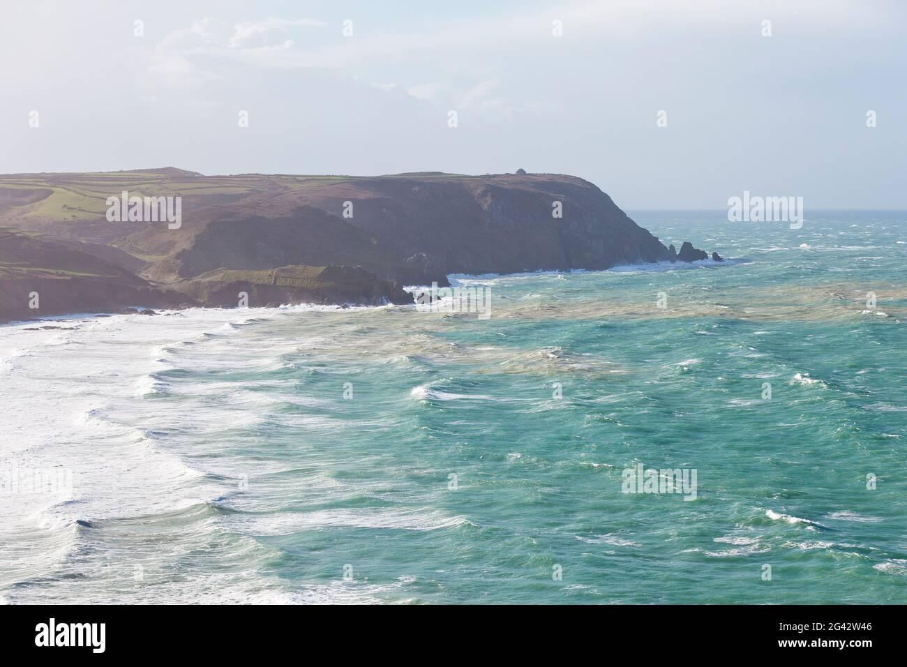 The bay of Baie d´Ecalgrain on the Cap de l´Hague in a storm, Cotentin peninsula, Normandy. Stock Photo