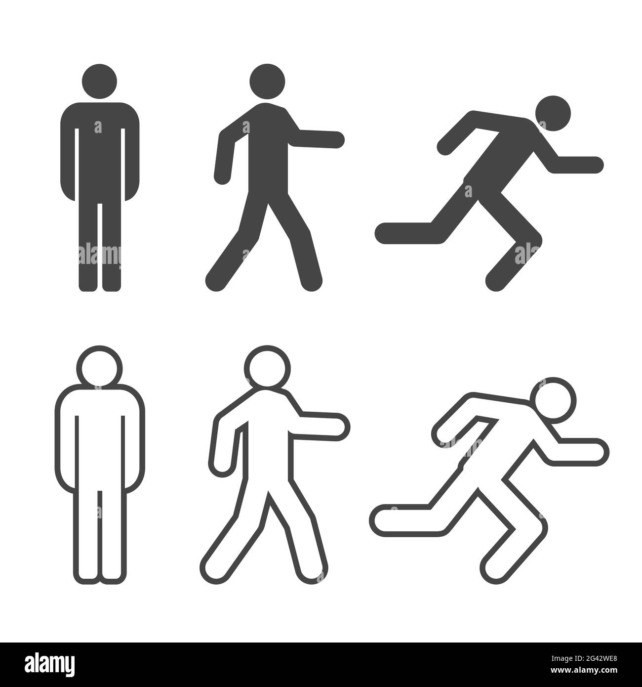Man stands, walk and run silhouette and outline icon set
