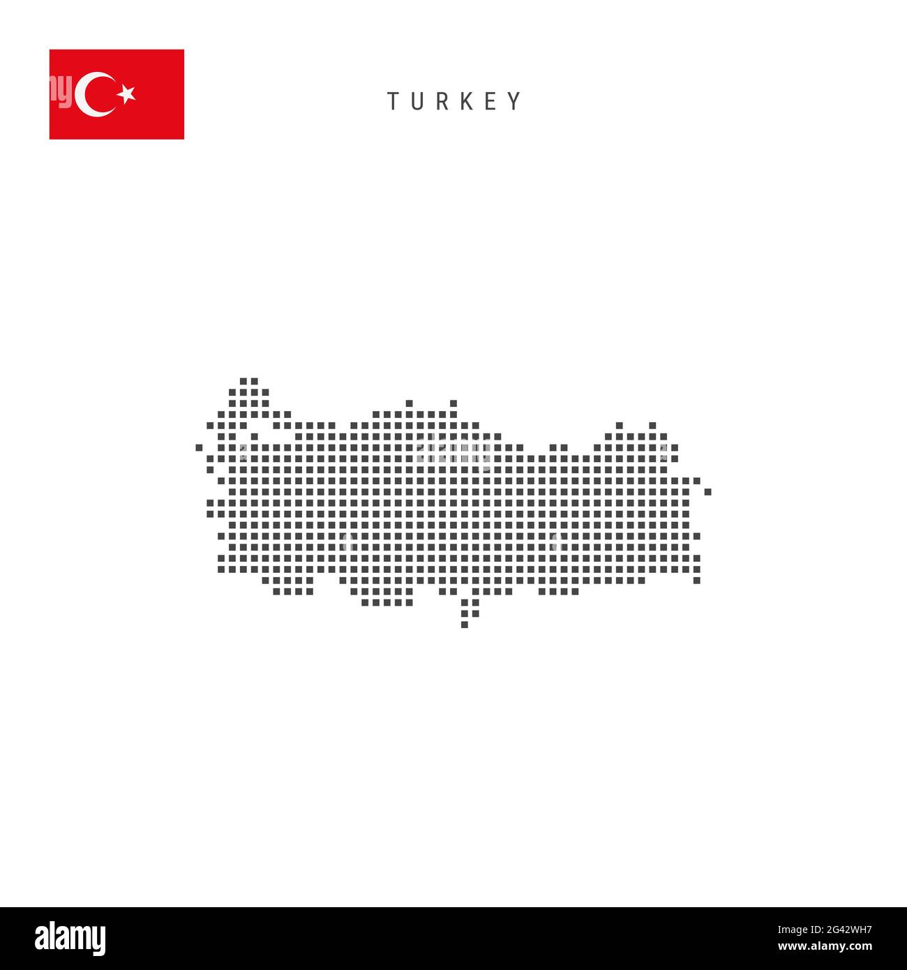 Square dots pattern map of Turkey. Turkish dotted pixel map with national flag isolated on white 