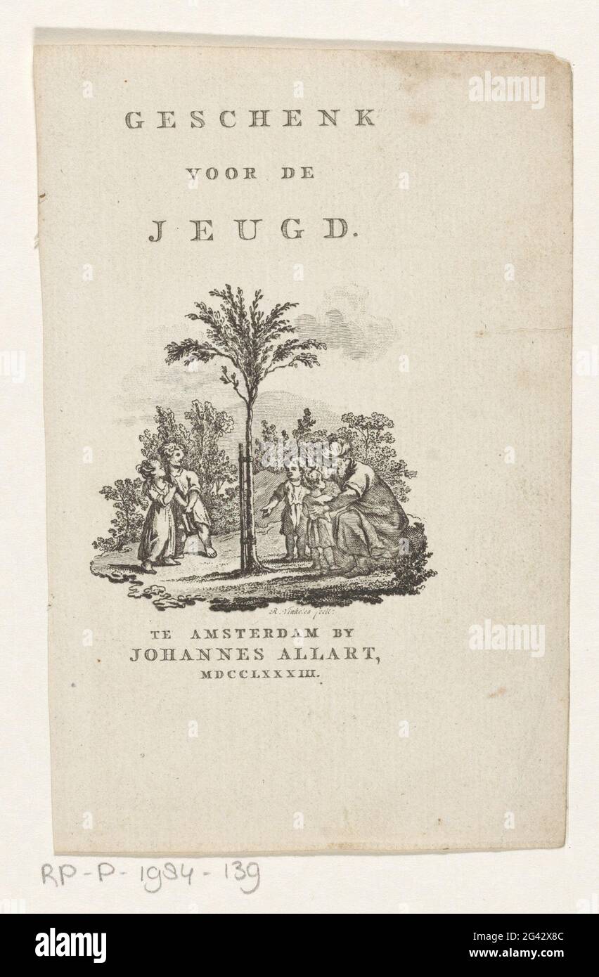 Children at a tree; Title page for: S.N., Gift for Youth, 1783. A man is squatting and pointing four children on the young tree in the middle. Stock Photo