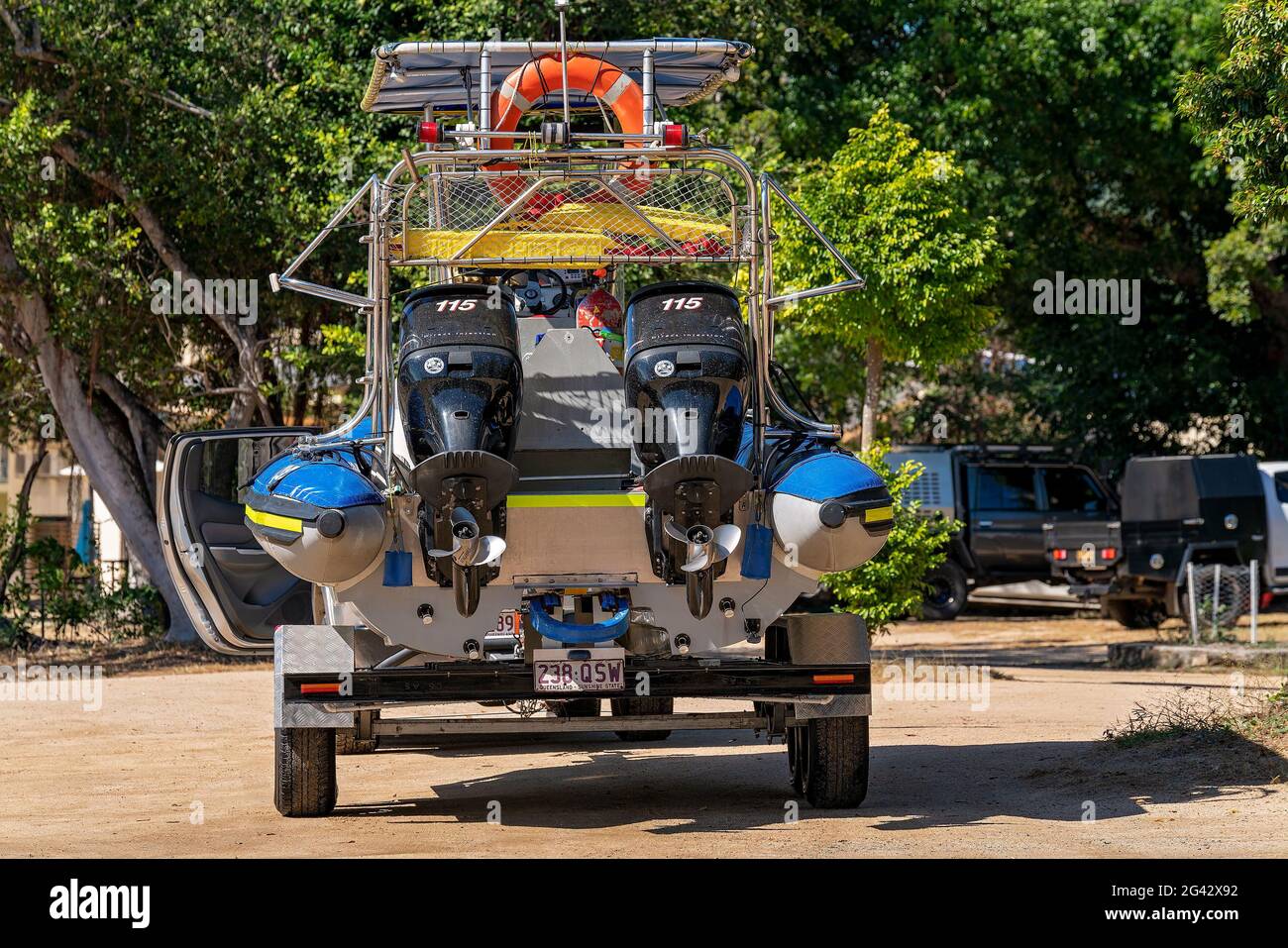 Dingo Beach, Queensland, Australia June 2021 A powered fishing boat loaded onto a trailer for