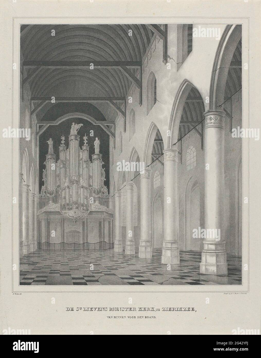 Interior of the Sint-Lievensmonsterkerk in Zierikzee, before the fire of 1832; The St Lievens Monster Church, in Zierikzee, from the inside for the fire. Interior of the Sint-Lievensmonsterkerk in Zierikzee, in welfare, before the fire of 6 October 1832. View in the interior to the organ. See also the pendant with the ruins of the church after the fire. Stock Photo