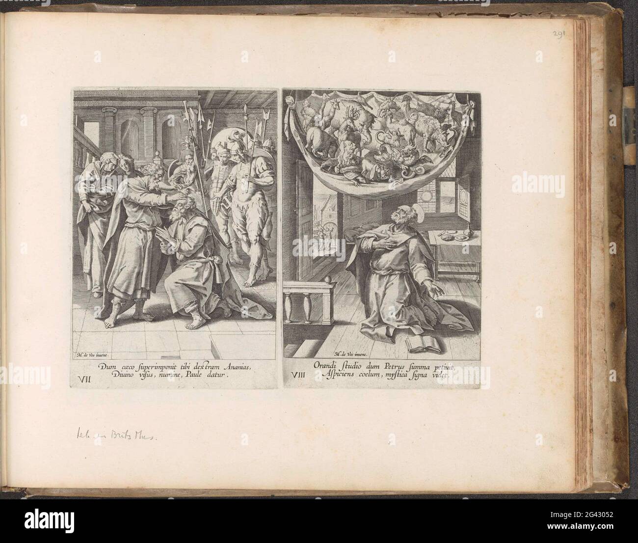 Ananias heals the blindness of Paulus / Petrus' vision of the unclean animals; Acts of the Apostles; Den Grooten Emblemata Sacra, consisting of more than four hundred by Belsche figures, as des old as des Nieuwen Testaments. Two performances on an album magazine. On the left is ananias for the kneeling Paul and heals him by hand laying out his blindness. On the right, Simon prays in the house of Simon the tanner. Above him a sheet with all kinds of unclean animal species. He got the order three times to slaughter and eat the animals, but he refused. Under both shows a two-legged caption in Lat Stock Photo