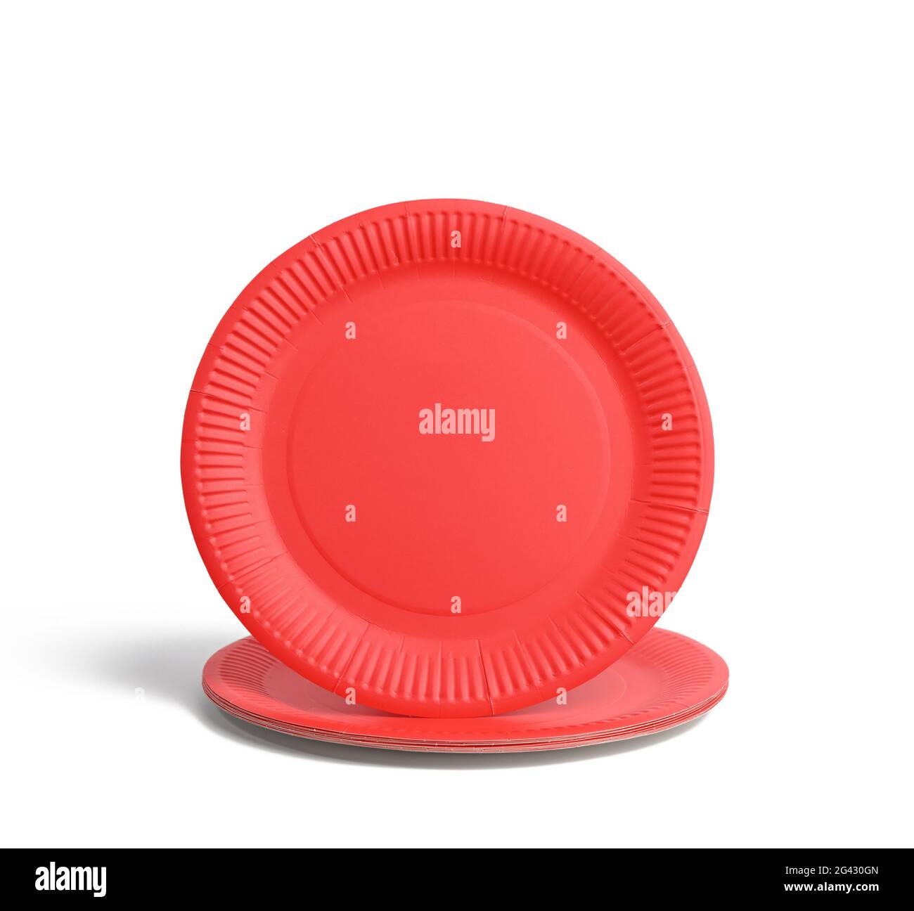Empty red paper disposable plates on a white background, top view Stock Photo
