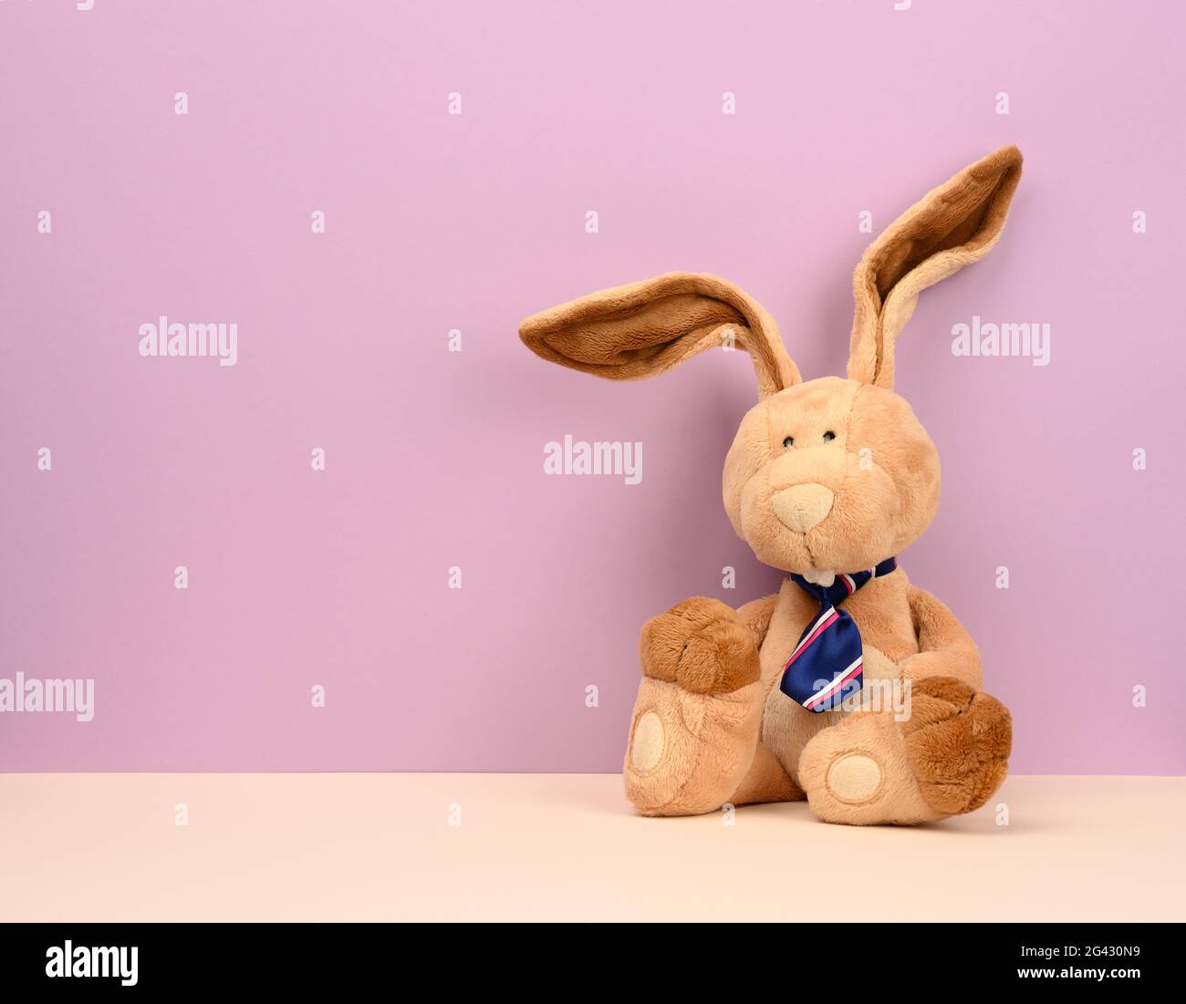 Funny beige plush rabbit with big ears and funny face on a purple background Stock Photo