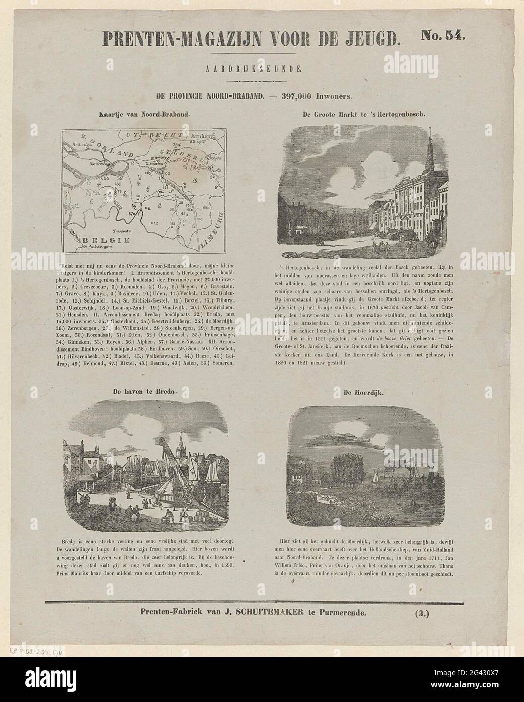 The province of Noord-Brabant. 397,000 inhabitants; Print warehouse for the  youth; Geography. Leaf with 4 shows about the province of Noord-Brabant  with a map and important places: the Grote Markt in Den