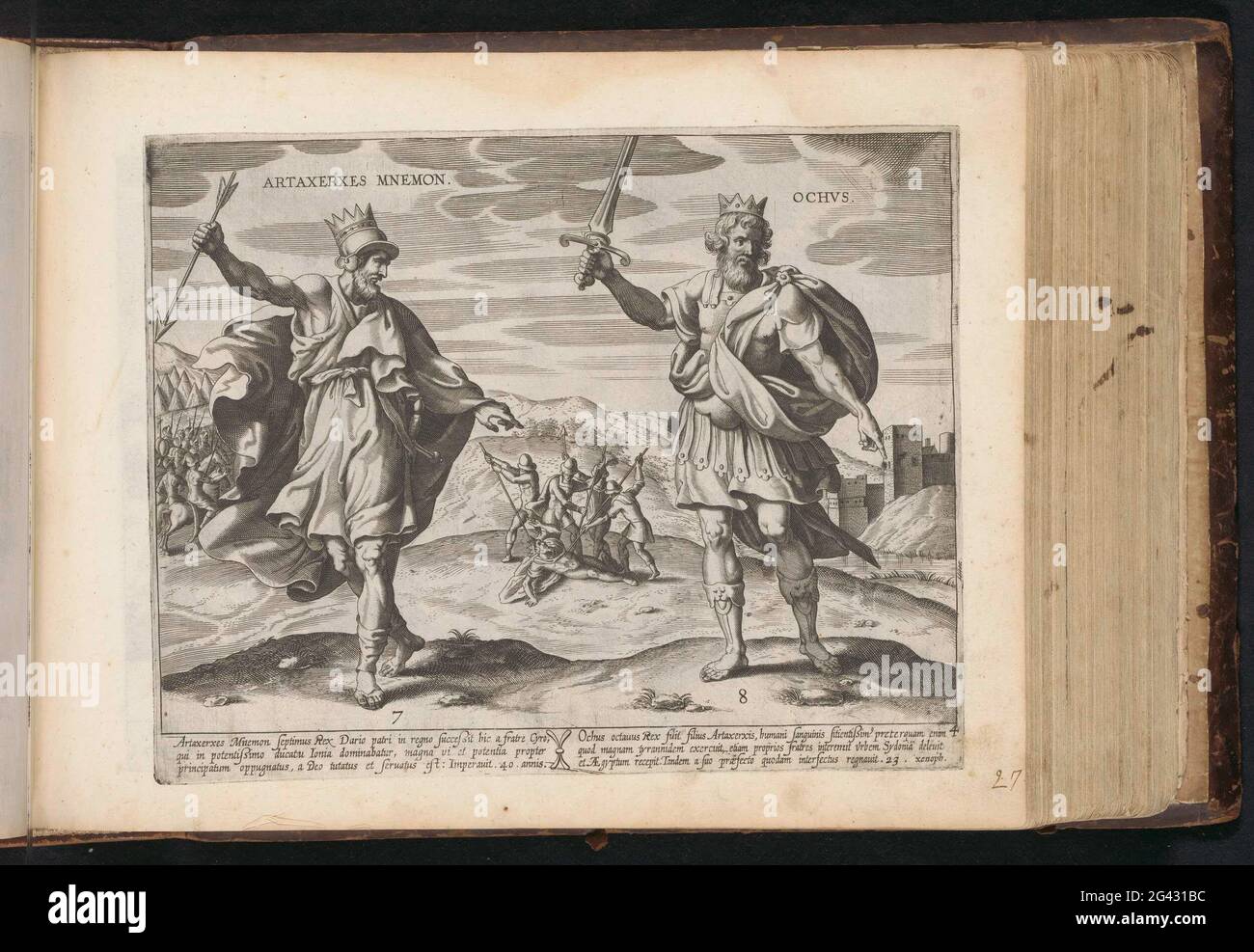 King Araxerxes II and King Artaxerxes III; Of the convene of presses; Persian kings; Den Grooten Figuer Bibel (...). Left King Artaxerxes II of Persia standing with an arrow in his hand. In the background you can see how artaxerxes beat his younger brother Cyrus that had rebelled against him. Right King Artaxerxes III of Persia standing with a sword in his hand. In the background is probably to see how his older brother is executed. Under the show explanatory texts in Latin. This print is part of an album. Stock Photo