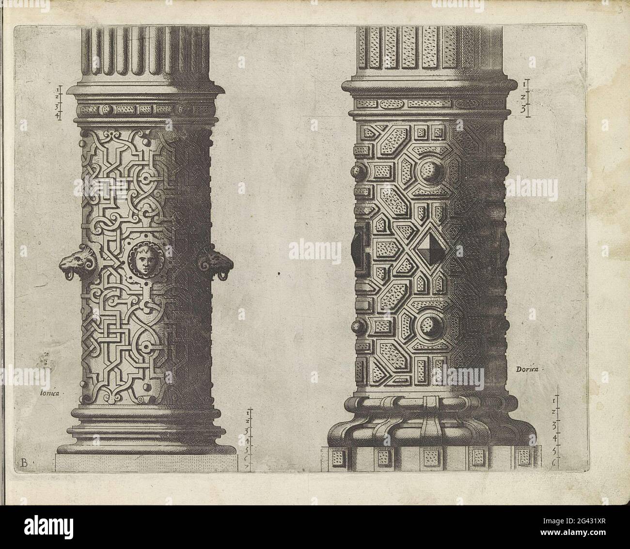 Two 'columnaealatae'; The first Boeck Ghemaeckt on the two Colomba Dorica and Ionica. Two 'columnaealatae'. Left the lower half of a column of the ionic order with moresken and mascarons. On the right the lower part of a column of the doric order with stylized bossage. A scale has been indicated twice at the performance. Leaf B. The print is part of an album. Stock Photo
