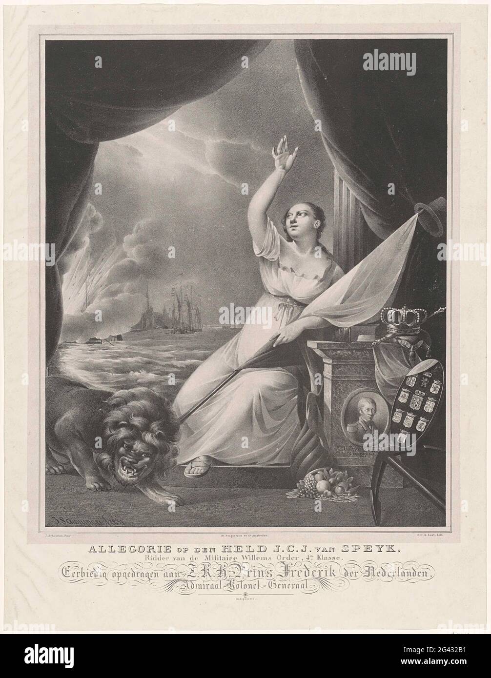 Allegory on the hero's death of Jan van Speijk, 1831; Allegory on the hero J.C.J. from Speyk. Knight of the Military Willems Order, 4th. class. Allegory on the hero's death of Jan van Speijk, 5 February 1831. The Dutch Virgin with Dutch flag and freedom hat leaned on a pedestal with the portrait of Van Speijk. On the left a grim Dutch lion. In the background exploding Jan van Speijk's gunboat on the Scheldt for Antwerp. Stock Photo