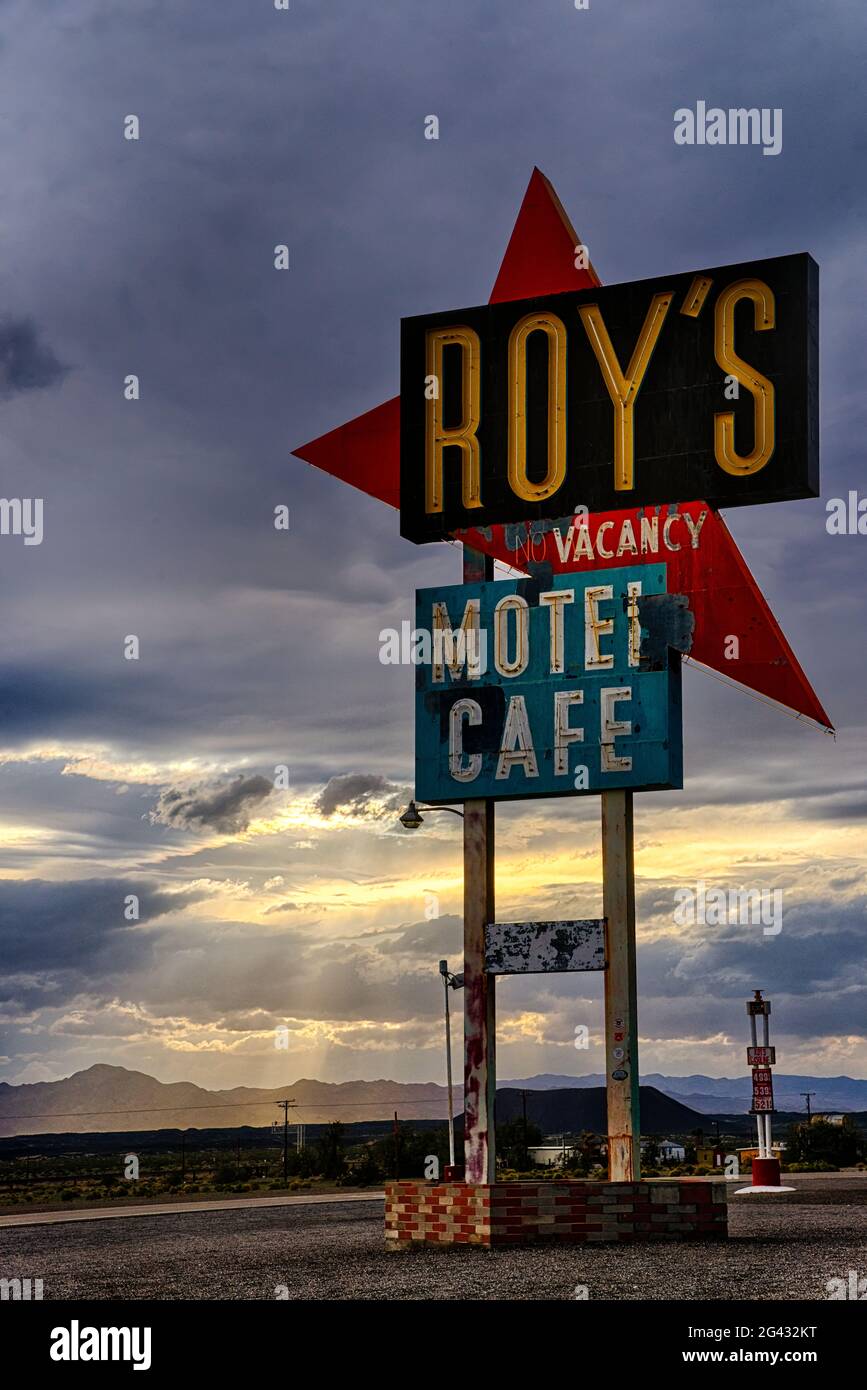 Motel Sign against moody sky at sunset, Amboy, California, USA Stock Photo