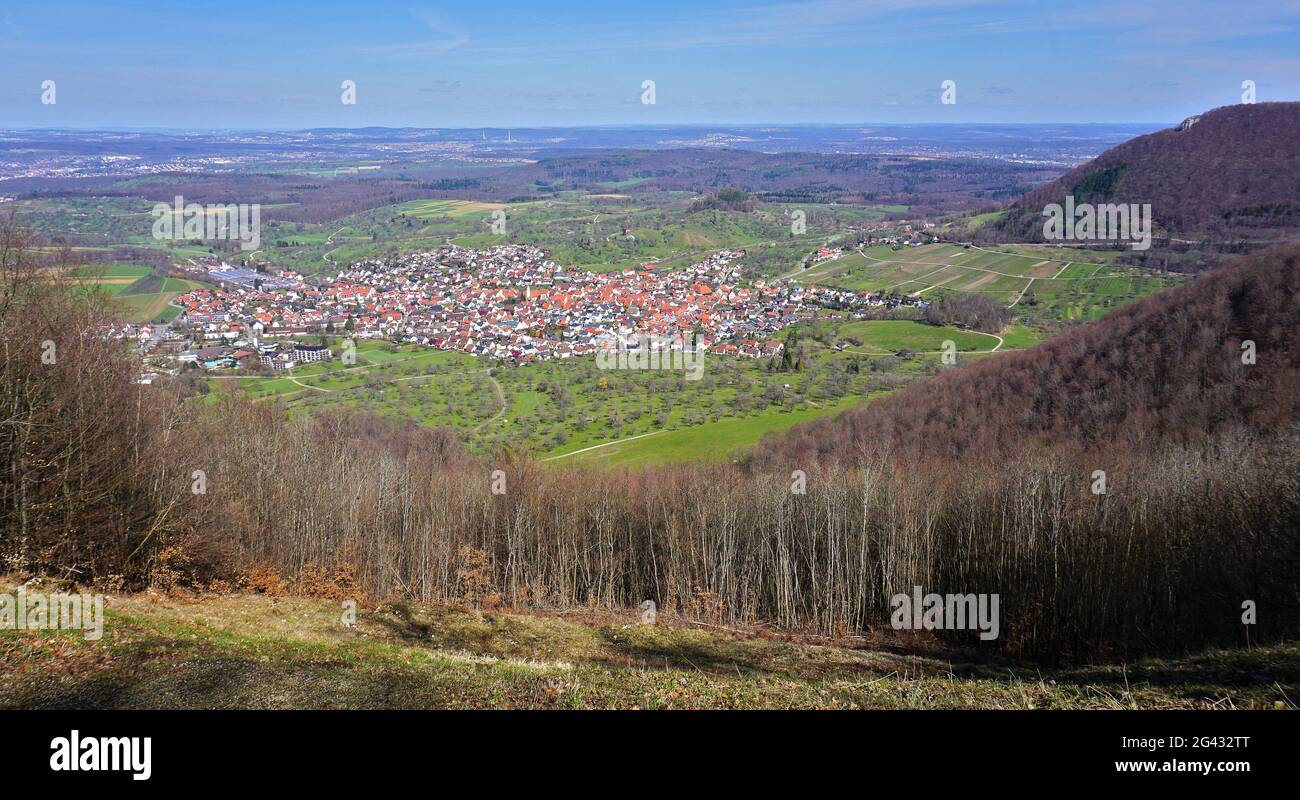 Landscape with a view of Beuren near Hohenneuffen, Swabian Ab, Stock Photo