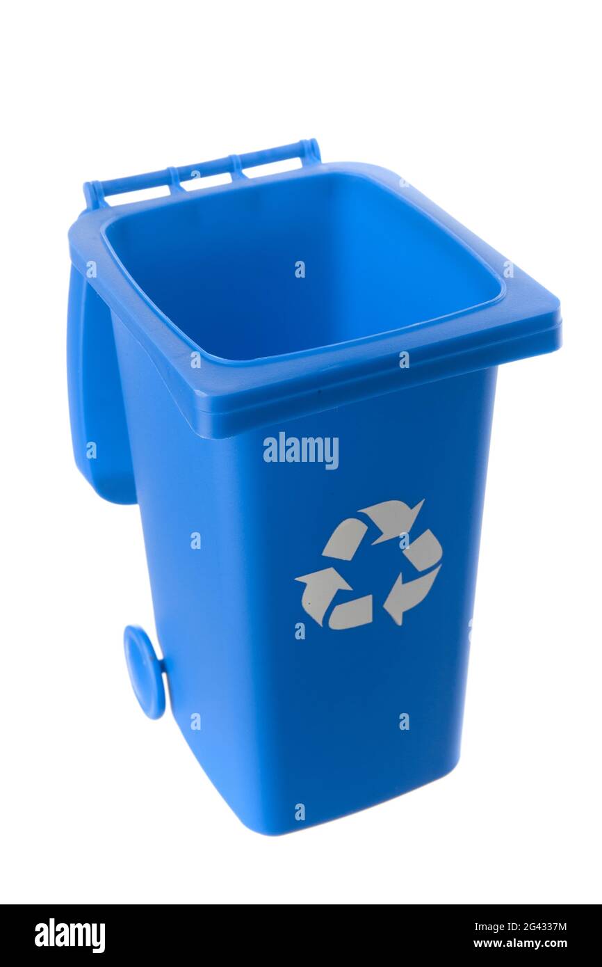Plastic blue trash can isolated on white background Stock Photo Alamy