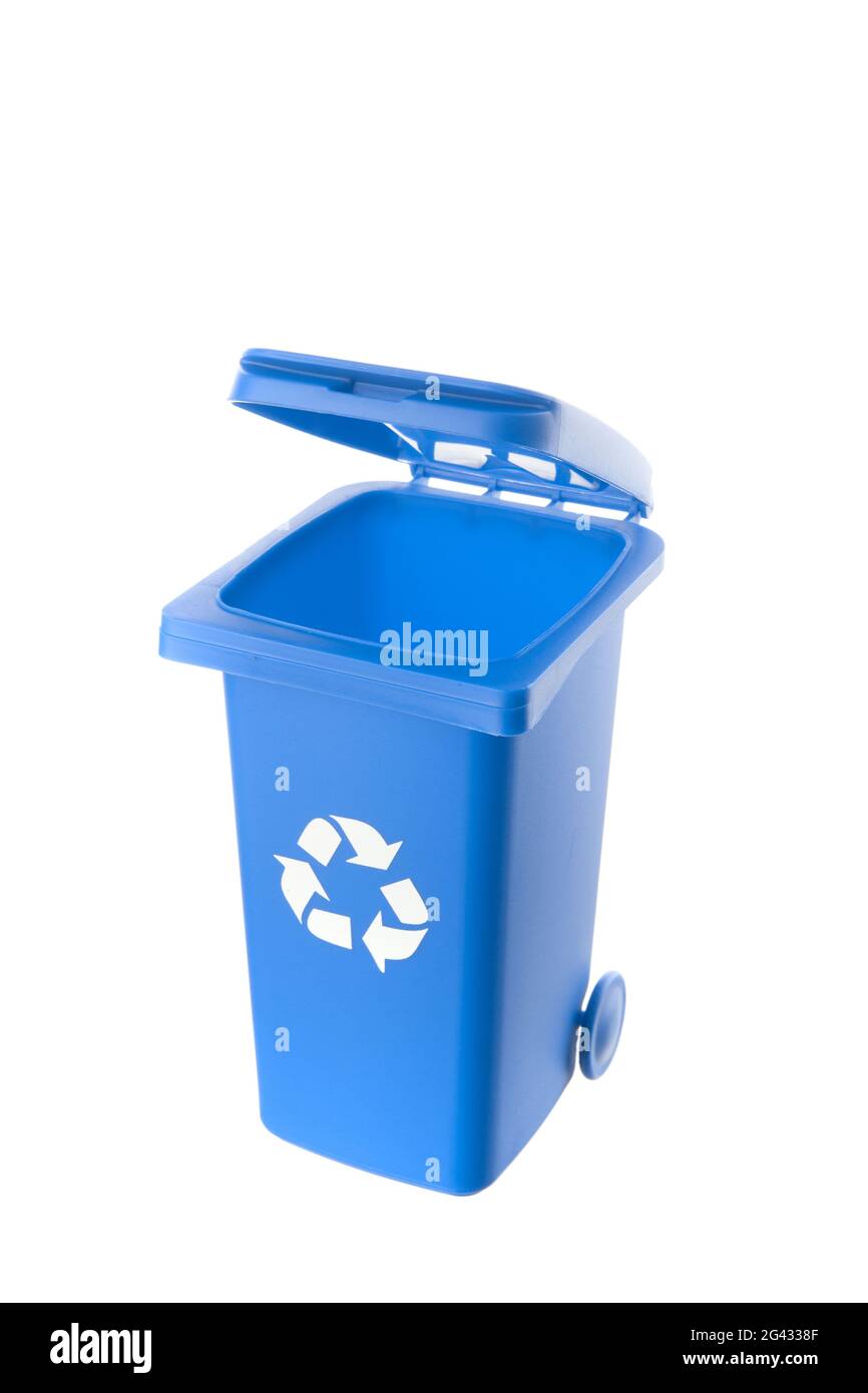 Plastic blue trash can isolated on white background Stock Photo
