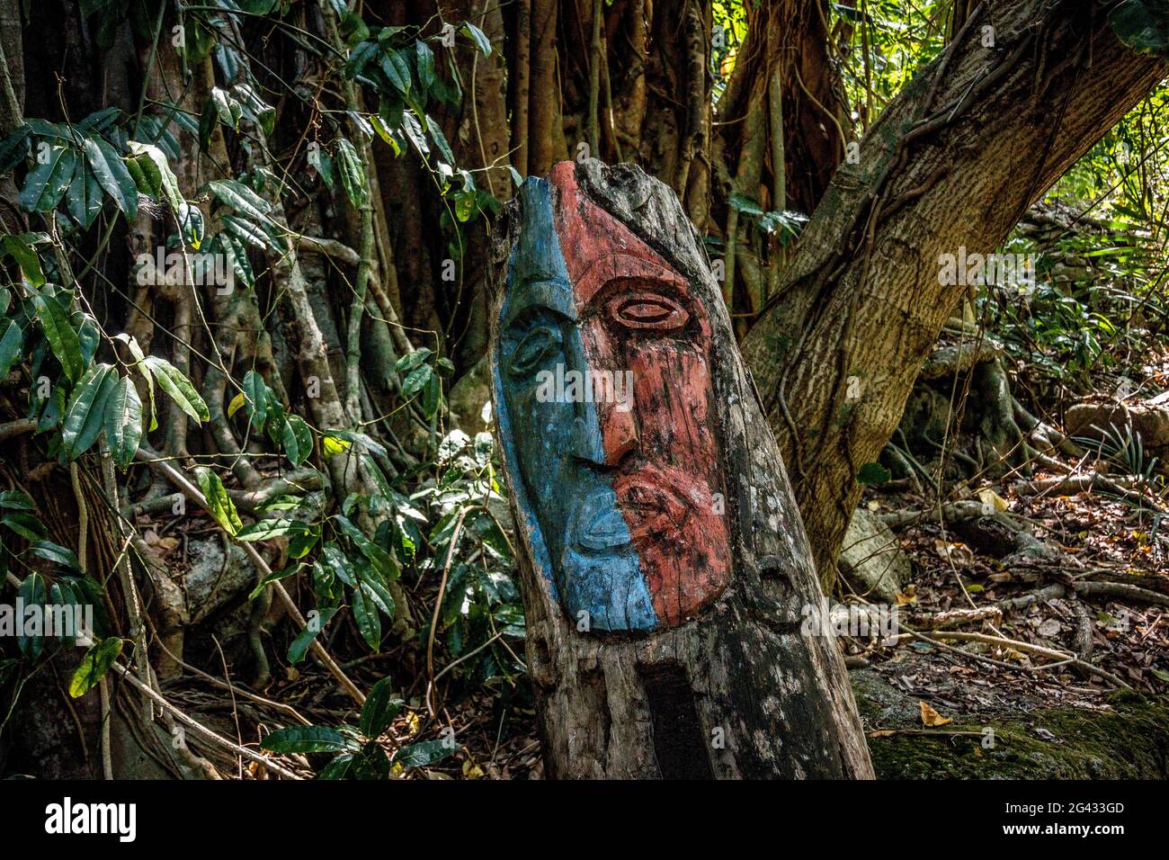 Wooden figures on a ritual place, Wala Island, Malekula, Vanuatu, South ...