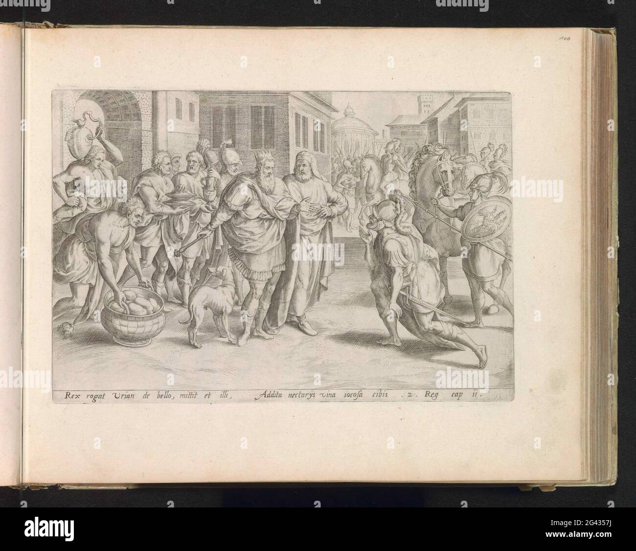 Urialy required by David from the war; History of David and Batseba; Thesaurus Sacrarum HistoriaRu [M] Veteris Testame [N] Ti, Elega [N] Tissimis Imaginibus Expressu [M] Excelle [N] Tissimoru [M] in Hac Arte Viroru [M] Opera: now [N] C Primu [M] Luce [M] Editus. King David has recalled Uria, the man of Batseba, from the war. Uria kneels, dressed in his armor, before him. David urges Uria to relax and to adopt the wine brought by servants. Urialy, however, does not go home to sleep Batseba with his wife. Under the show a reference in Latin to the Bible text in 2 SAM. 11. This print is part of a Stock Photo