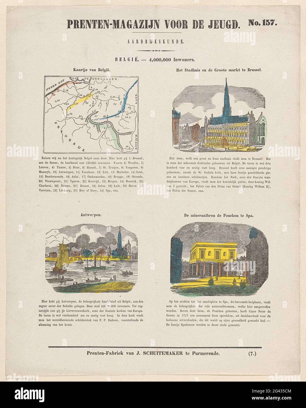 Belgium. - 4,000,000 inhabitants; Print warehouse for the youth; Geography.  Leaf with 4 performances about Belgium with a map and important places and  monuments: the Grote Markt in Brussels, Antwerp and Spa.