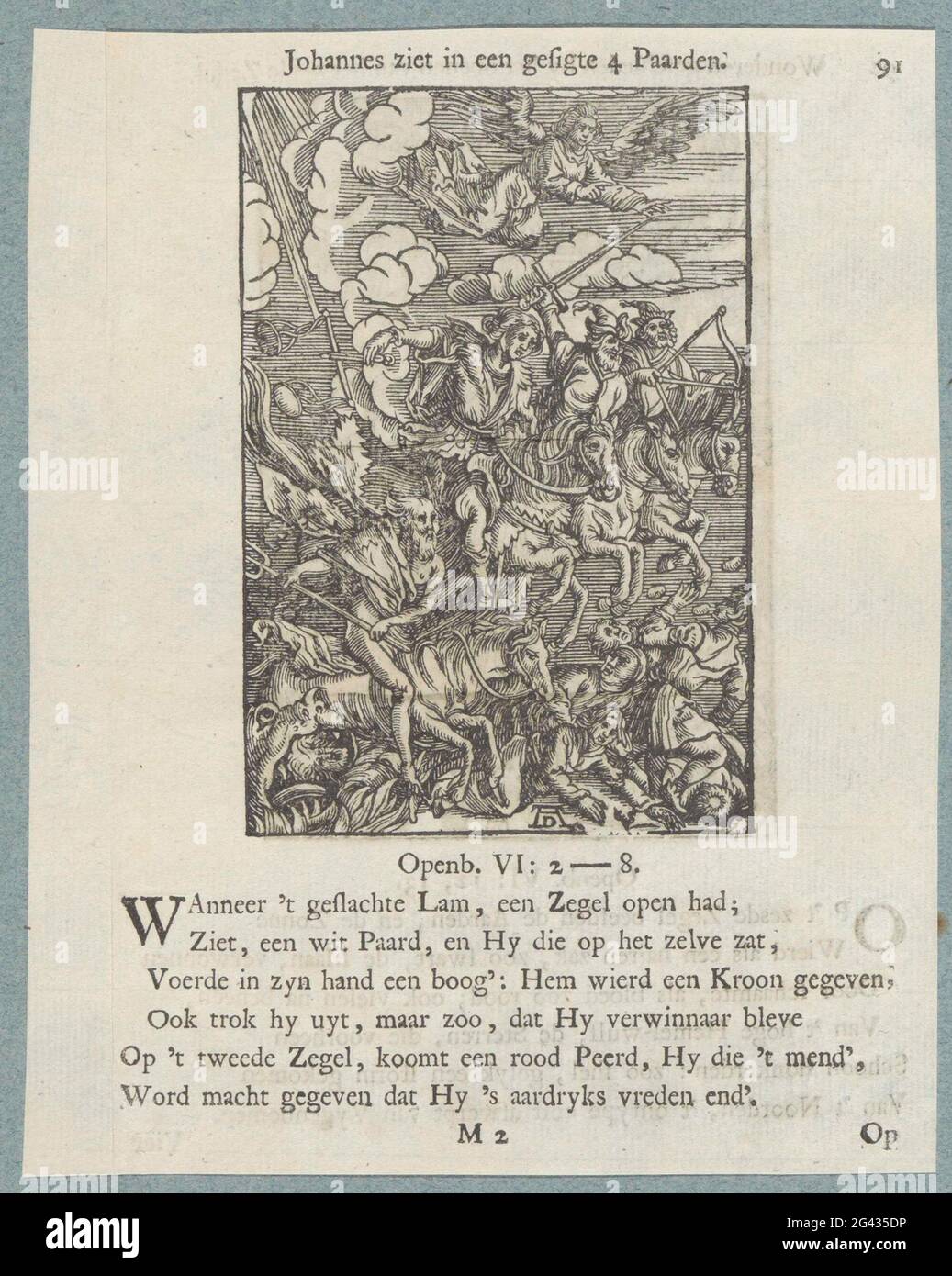 The four riders of the apocalypse; Johannes sees 4 horses in a sight. Four men on horseback, armed with an arrow and bow, a sword, a scales and a riek, people walk under the foot. An angel above that. Above the show a title. There are six fresh rules and a reference to Revelation 6: 2-8. The print is part of an album. Stock Photo