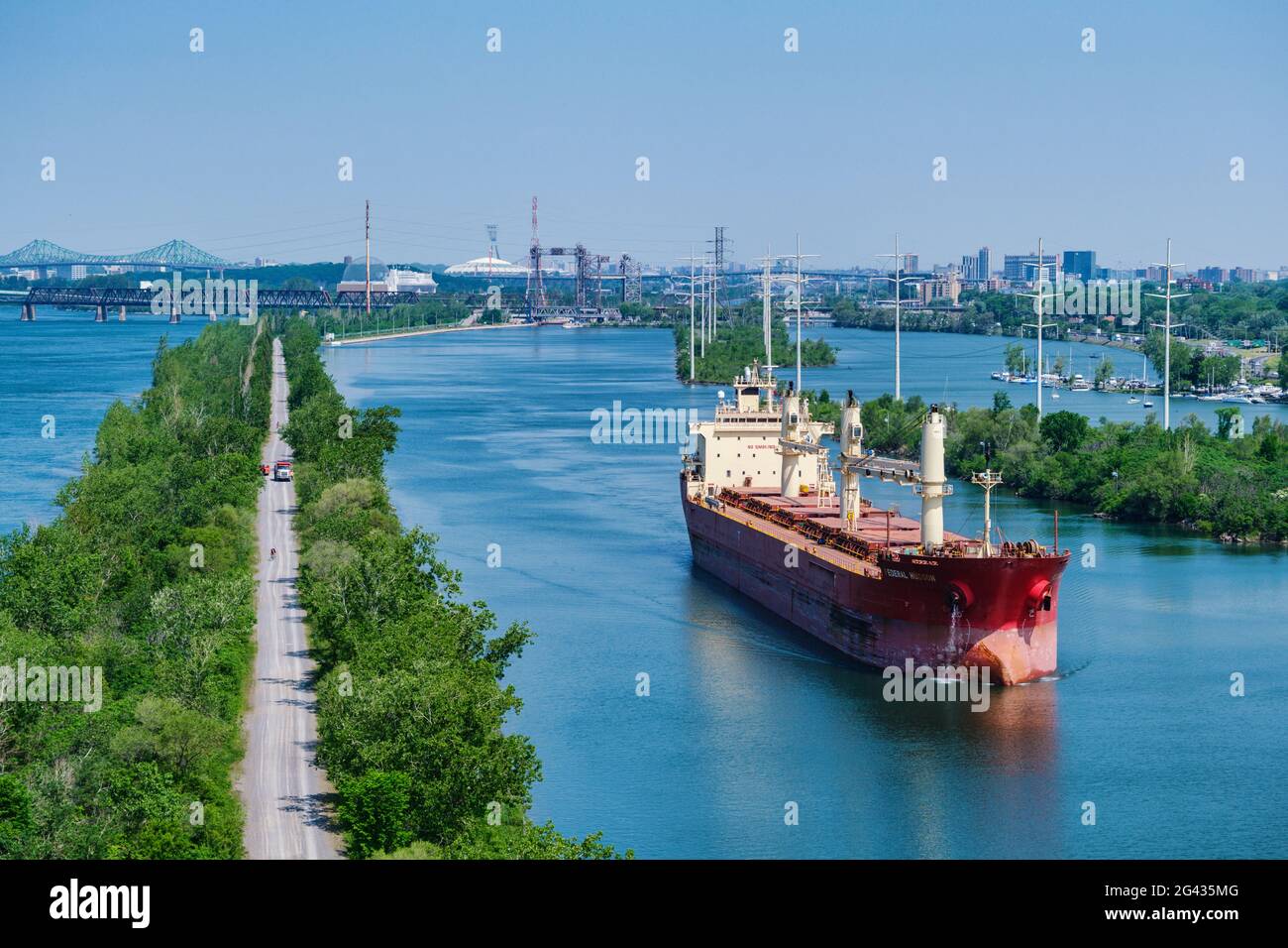 Montreal, CA - 7 June 2021: Aerial view of Federal Hudson bulk carrier moving on Saint-Lawrence seaway Stock Photo