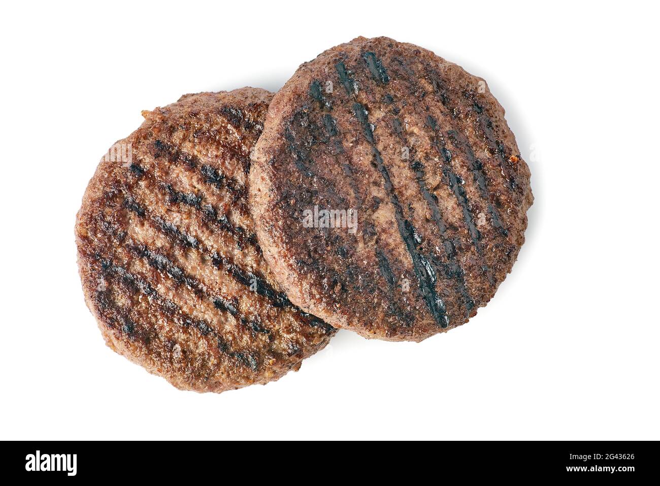 Two roasted burger patties on white background Stock Photo