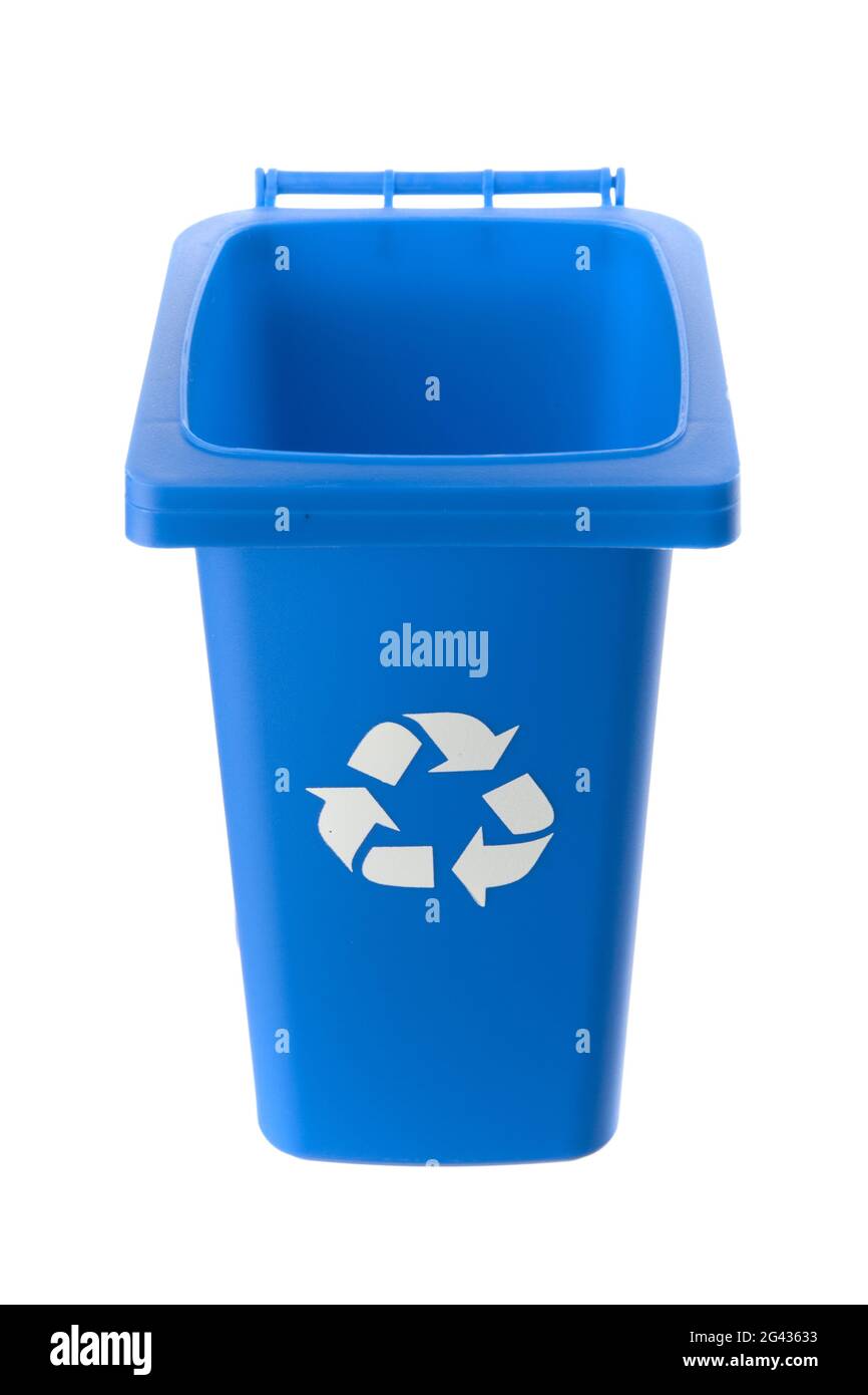 Plastic blue trash can isolated on white background Stock Photo Alamy