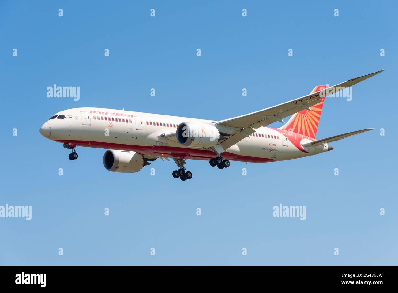 Air India Boeing 787 jet airliner plane VT-ANC landing at London Heathrow Airport, UK, in blue sky during COVID 19 pandemic easing of lockdown Stock Photo