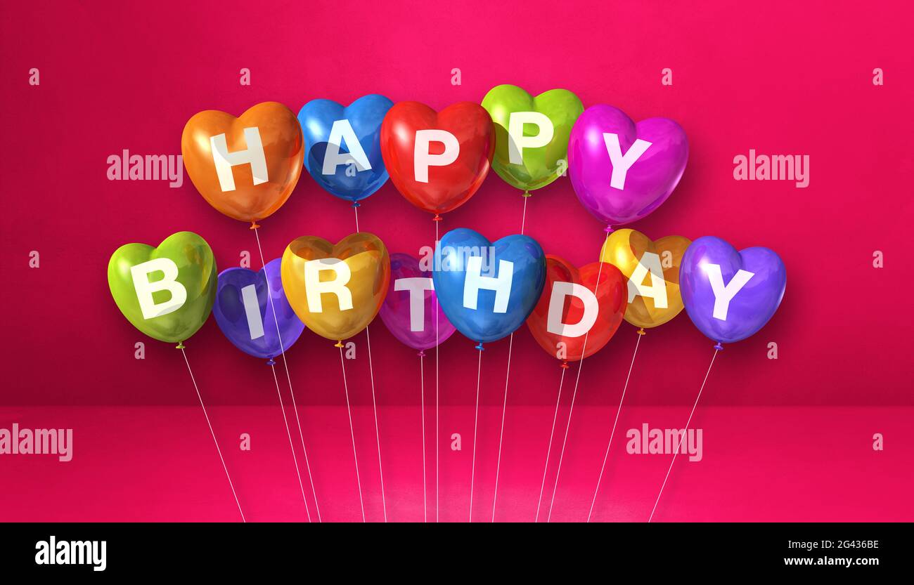 Colorful happy birthday heart shape air balloons on a pink background ...