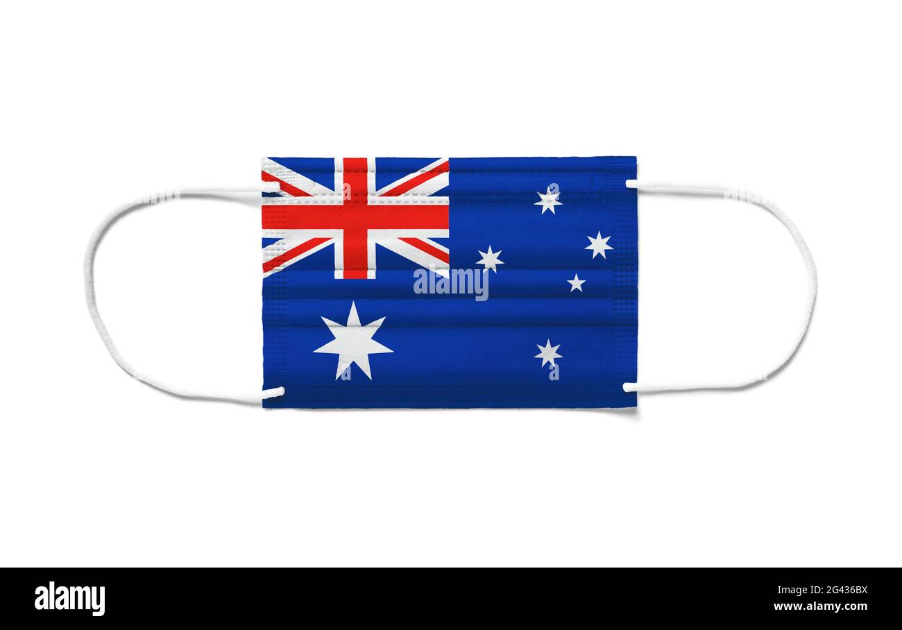 Flag of Australia on a disposable surgical mask. White background Stock